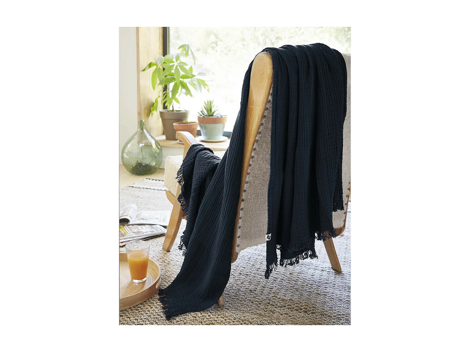 OUREA - Plaid à Franges 180x220cm 4 Epaisseurs Gaze de Coton Minuit