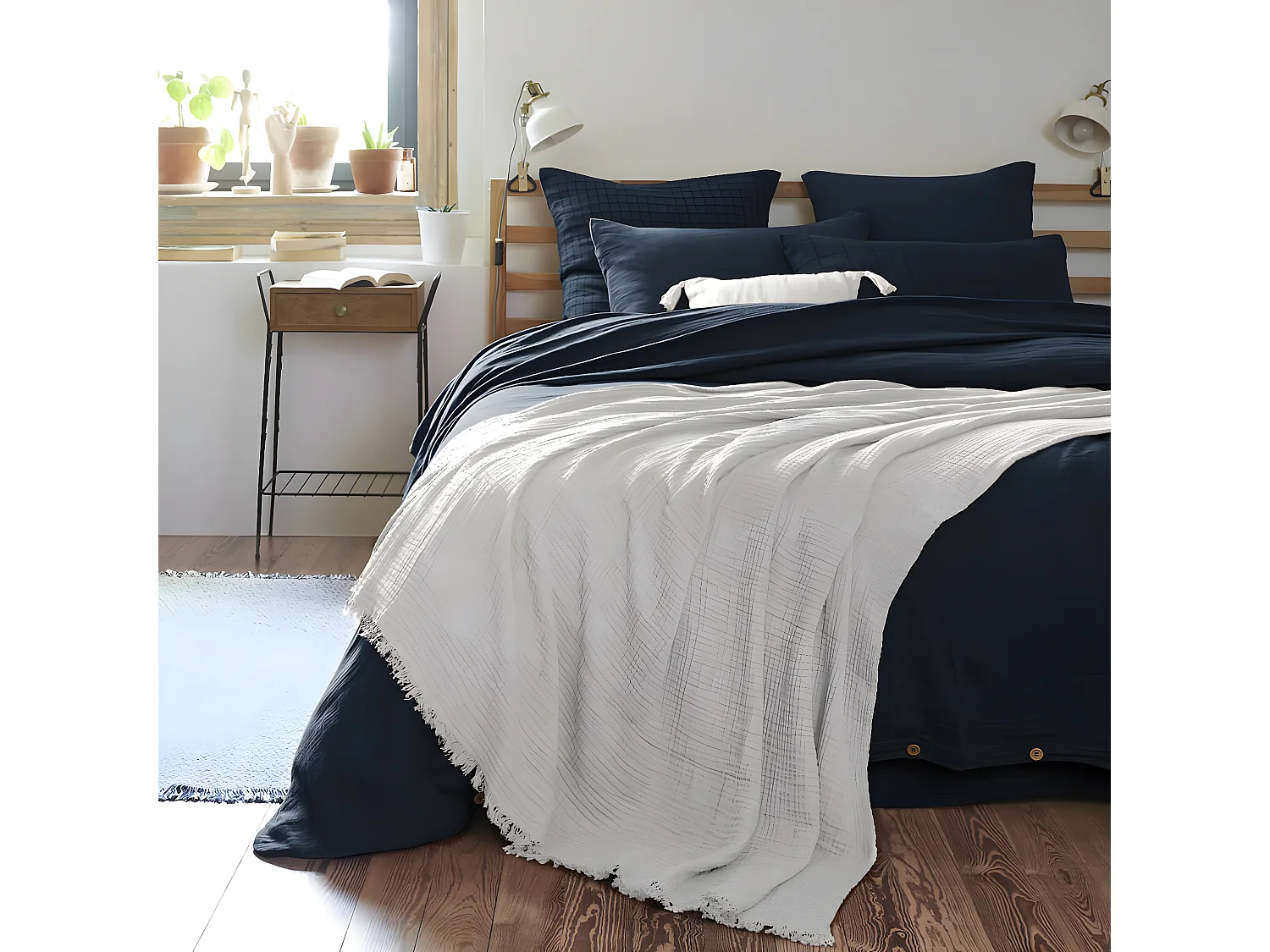 OUREA - Plaid à Franges 130x160cm 4 Epaisseurs Gaze de Coton Nuage