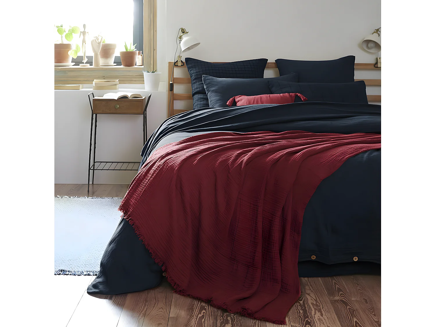 OUREA - Plaid à Franges 180x220cm 4 Epaisseurs Gaze de Coton Lie de Vin