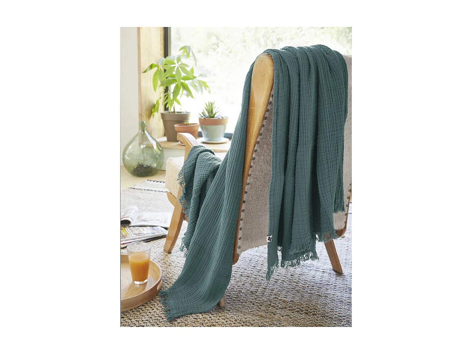 OUREA - Plaid à Franges 180x220cm 4 Epaisseurs Gaze de Coton Canard