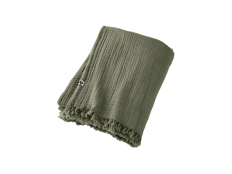 OUREA - Plaid à Franges 180x220cm 4 Epaisseurs Gaze de Coton Romarin