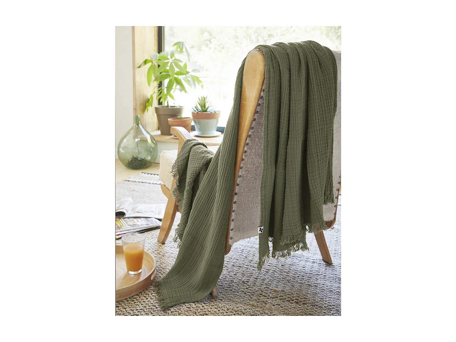 OUREA - Plaid à Franges 180x220cm 4 Epaisseurs Gaze de Coton Romarin