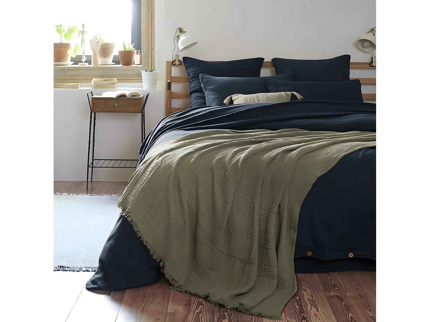 OUREA - Plaid à Franges 180x220cm 4 Epaisseurs Gaze de Coton Romarin