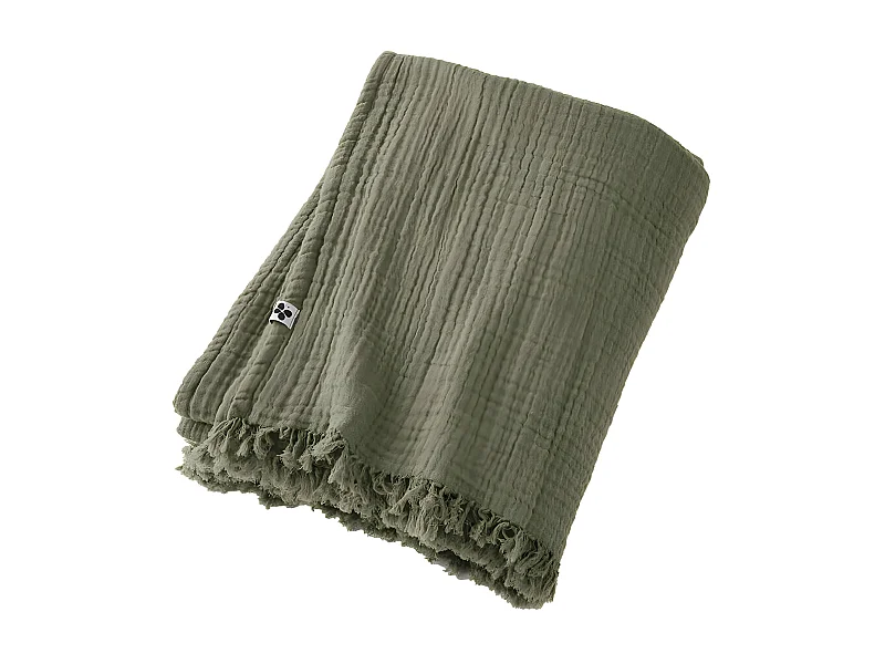 OUREA - Plaid à Franges 180x220cm 4 Epaisseurs Gaze de Coton Romarin