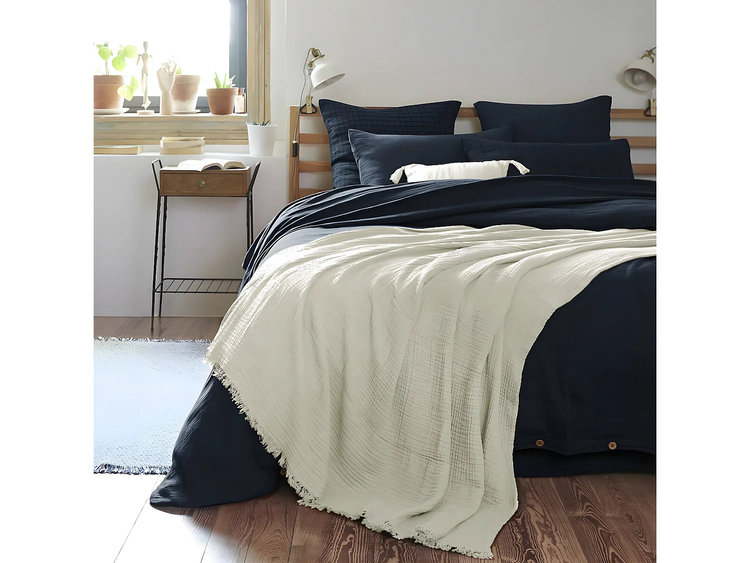 OUREA - Plaid à Franges 180x220cm 4 Epaisseurs Gaze de Coton Vert d'Eau