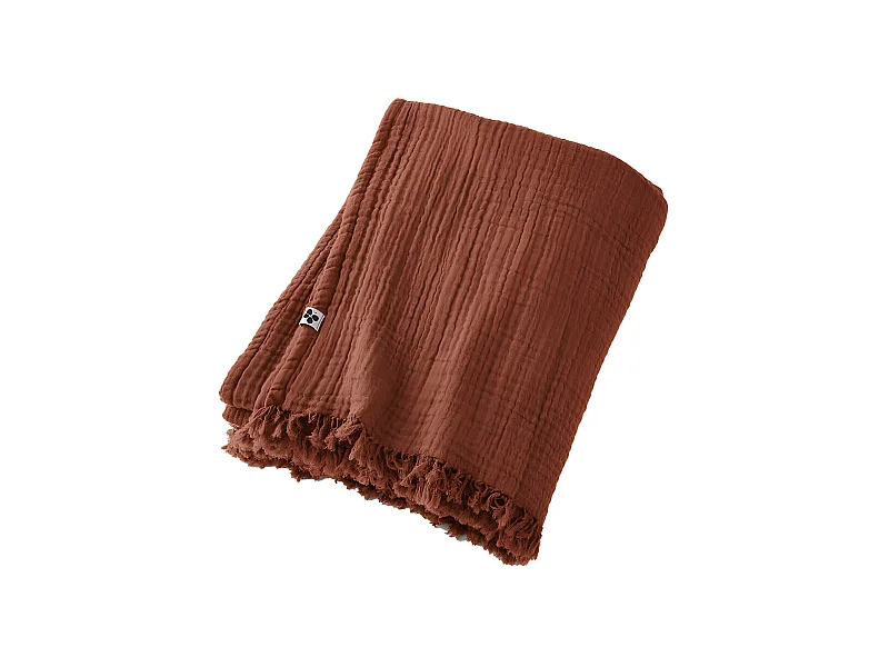 OUREA - Plaid à Franges 180x220cm 4 Epaisseurs Gaze de Coton Terracotta
