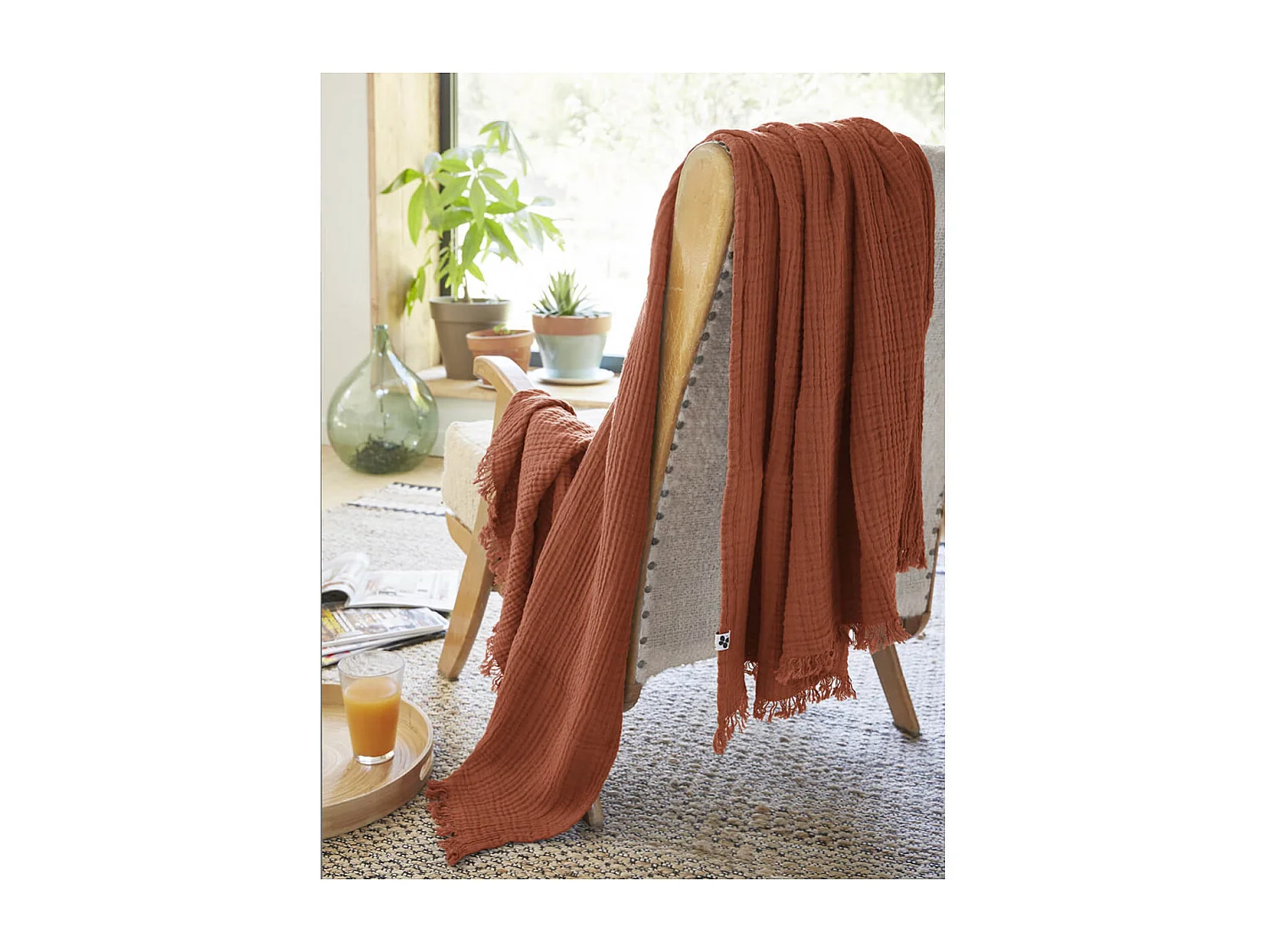 OUREA - Plaid à Franges 180x220cm 4 Epaisseurs Gaze de Coton Terracotta