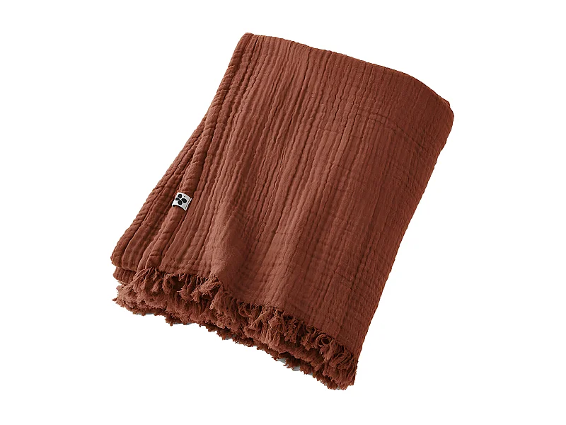 OUREA - Plaid à Franges 180x220cm 4 Epaisseurs Gaze de Coton Terracotta