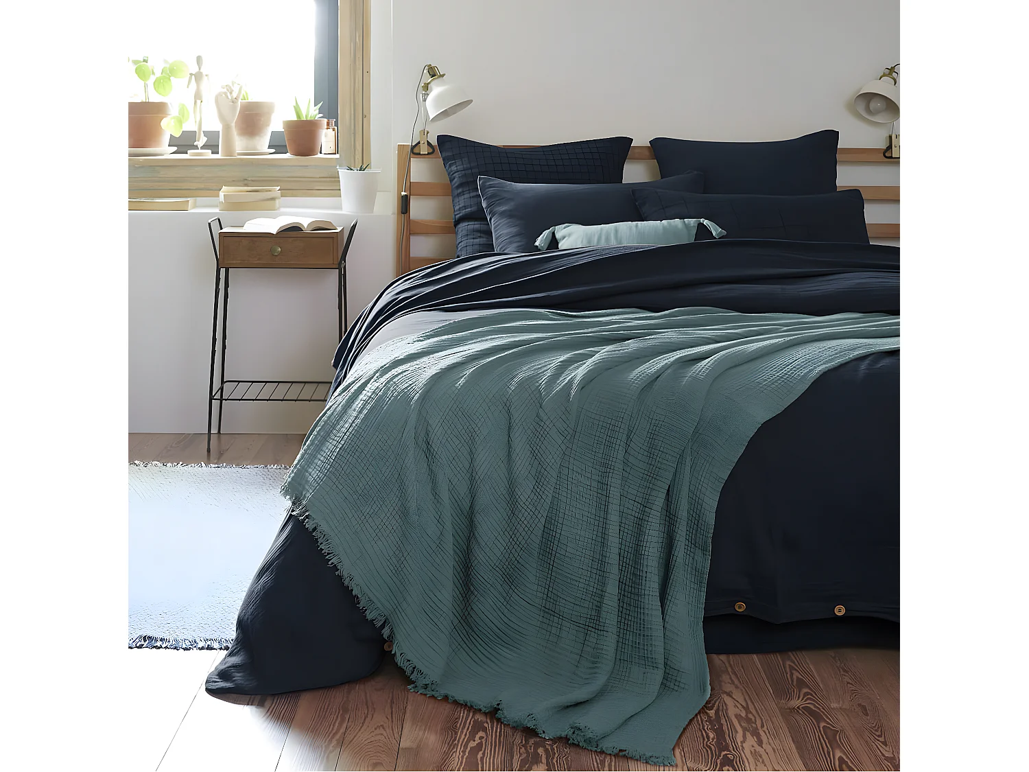 OUREA - Plaid à Franges 130x160cm 4 Epaisseurs Gaze de Coton Canard