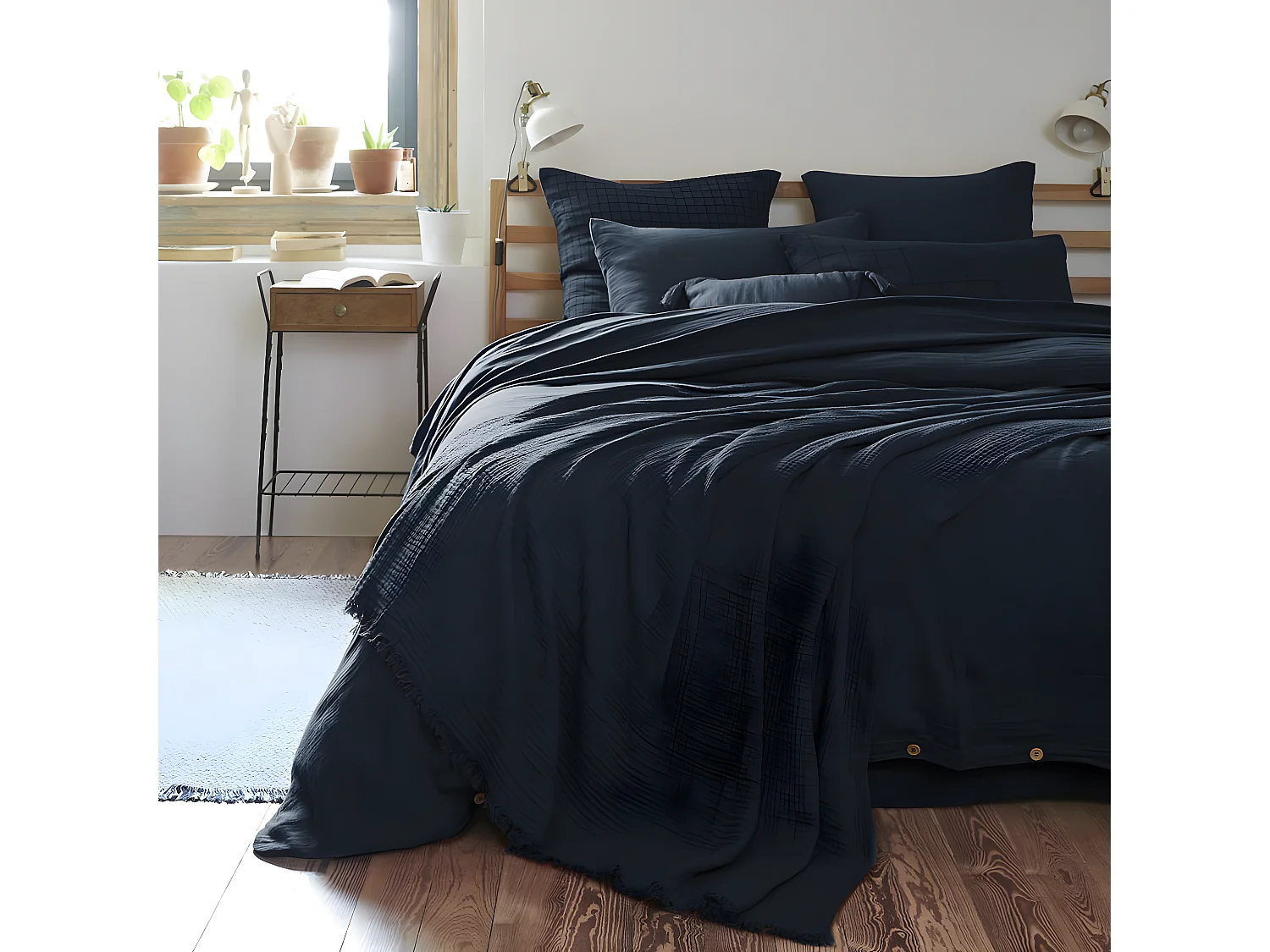 OUREA - Plaid à Franges 130x160cm 4 Epaisseurs Gaze de Coton Minuit