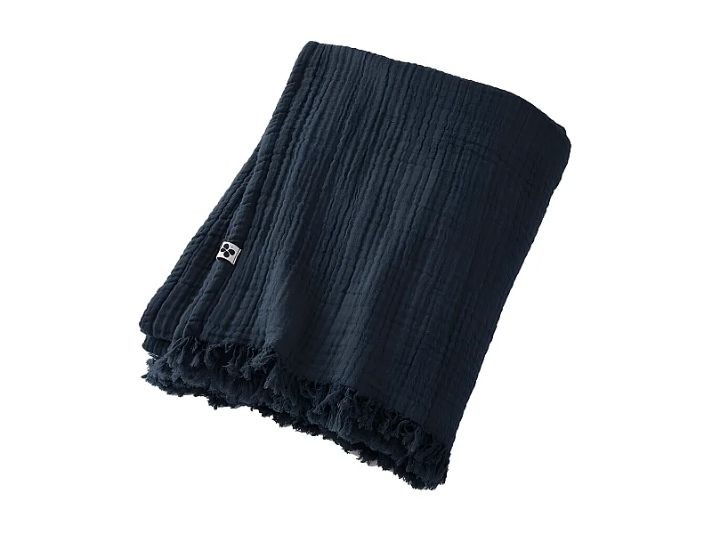 OUREA - Plaid à Franges 130x160cm 4 Epaisseurs Gaze de Coton Minuit