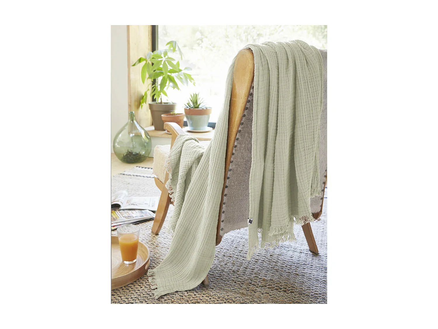 OUREA - Plaid à Franges 130x160cm 4 Epaisseurs Gaze de Coton Vert d'Eau