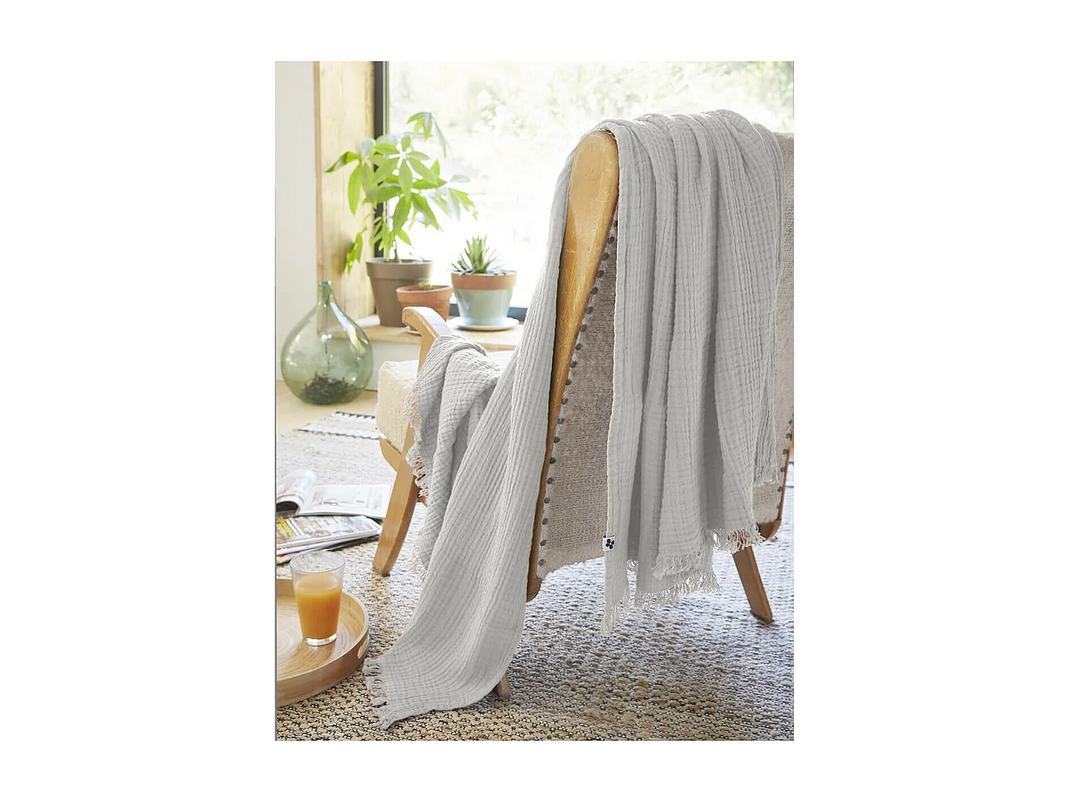 OUREA - Plaid à Franges 180x220cm 4 Epaisseurs Gaze de Coton Nuage