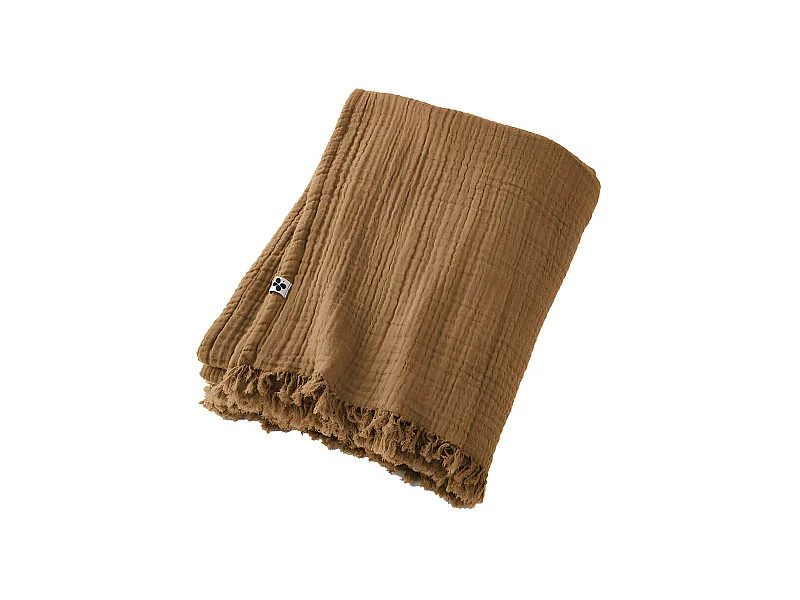 OUREA - Plaid à Franges 180x220cm 4 Epaisseurs Gaze de Coton Camel
