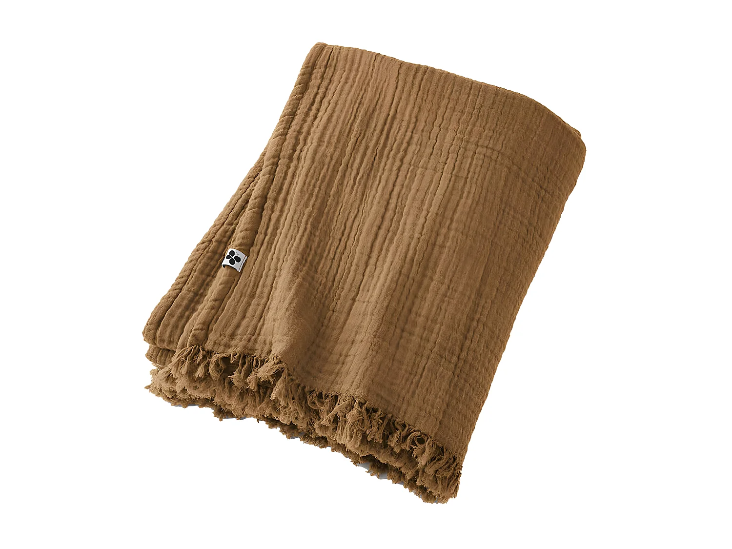 OUREA - Plaid à Franges 180x220cm 4 Epaisseurs Gaze de Coton Camel