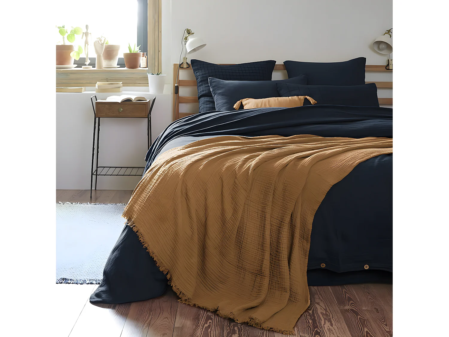 OUREA - Plaid à Franges 180x220cm 4 Epaisseurs Gaze de Coton Camel