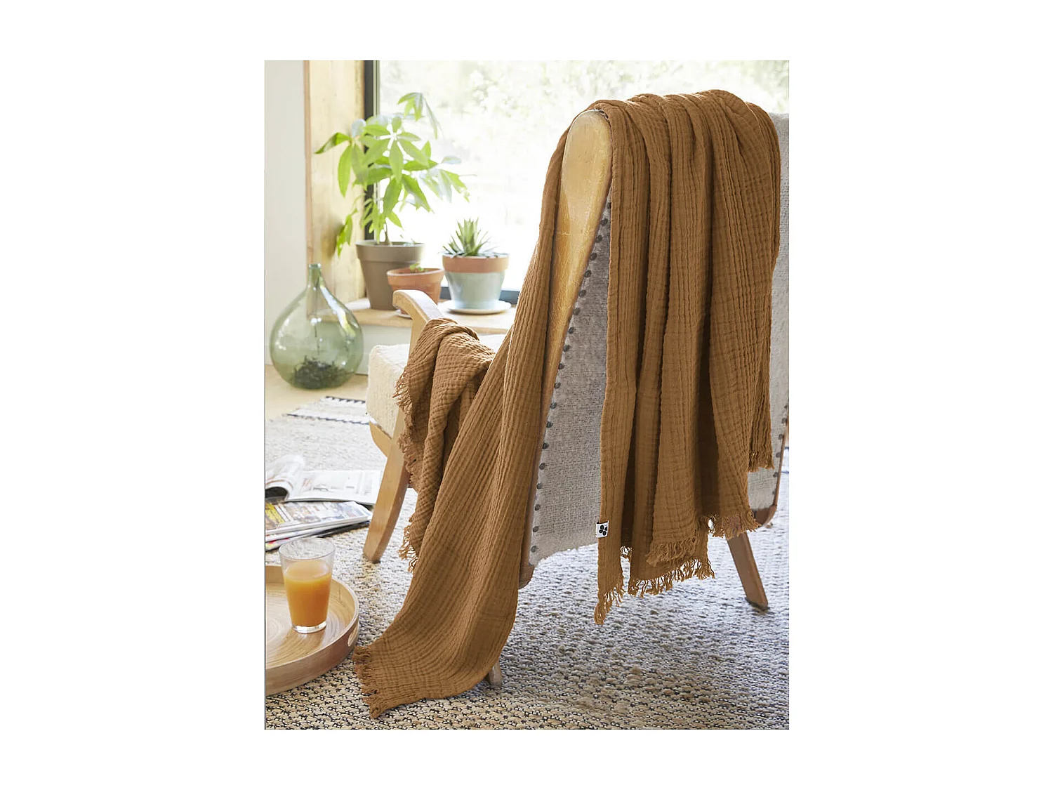 OUREA - Plaid à Franges 180x220cm 4 Epaisseurs Gaze de Coton Camel