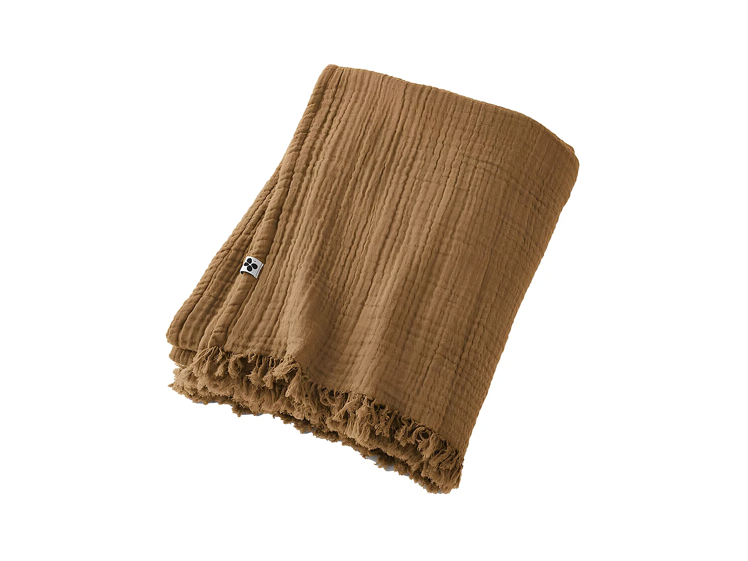 OUREA - Plaid à Franges 180x220cm 4 Epaisseurs Gaze de Coton Camel