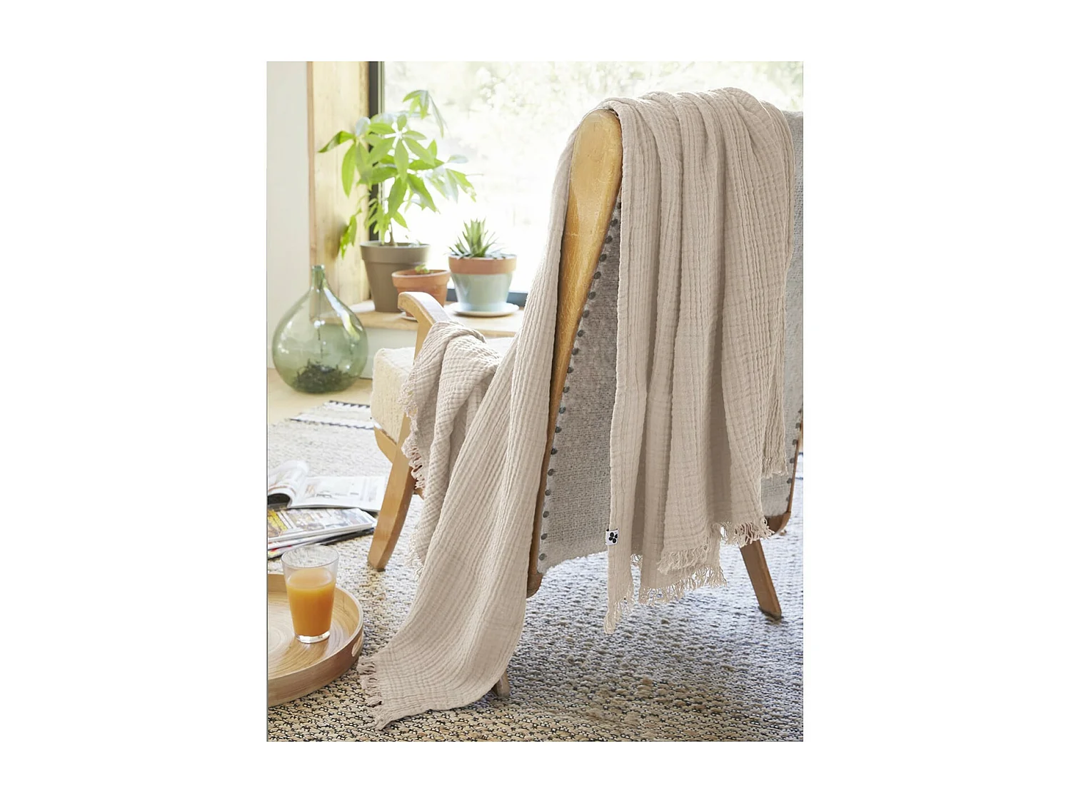 OUREA - Plaid à Franges 130x160cm 4 Epaisseurs Gaze de Coton Pampa