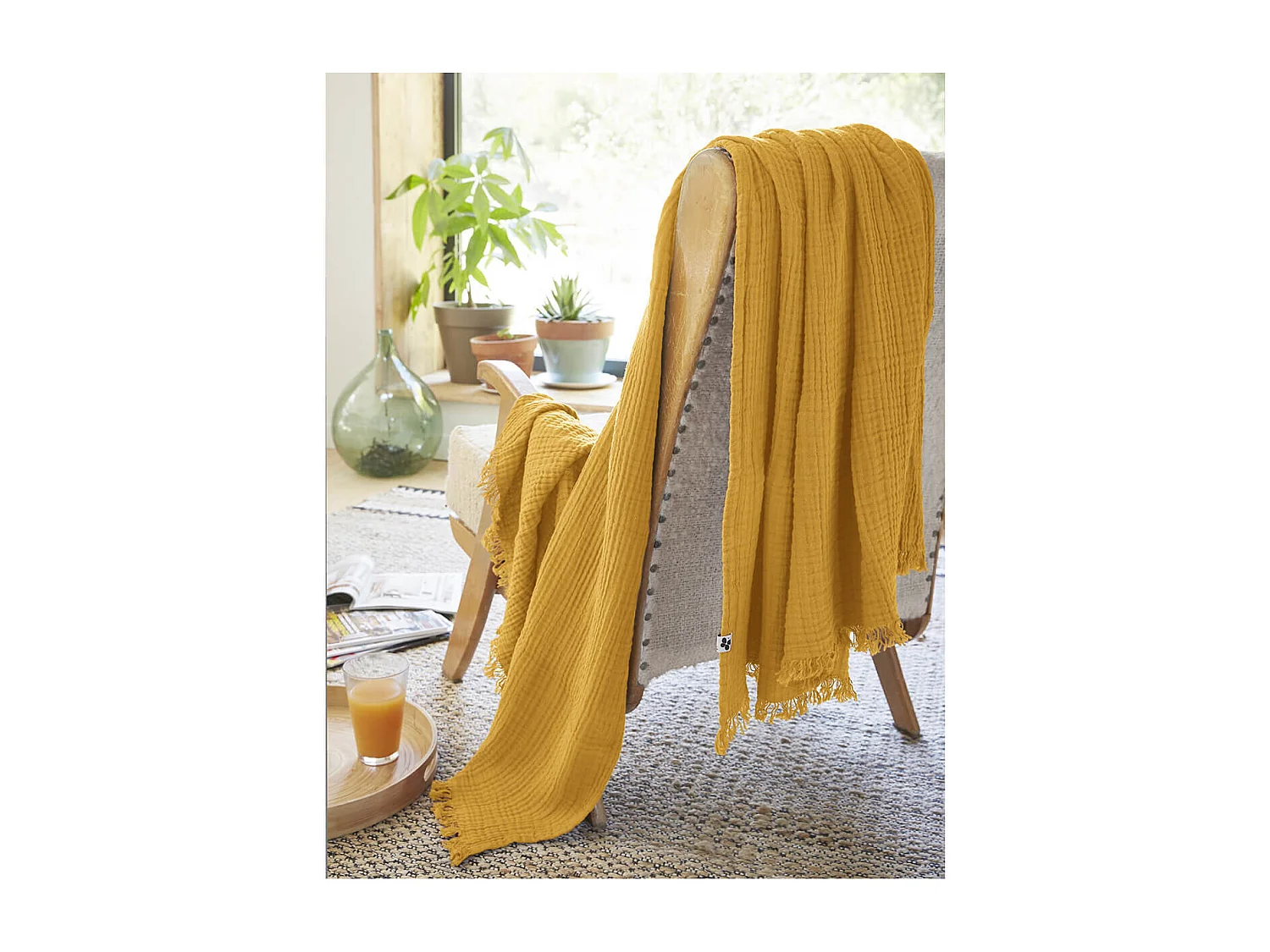 OUREA - Plaid à Franges 130x160cm 4 Epaisseurs Gaze de Coton Safran