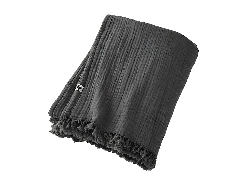 OUREA - Plaid à Franges 180x220cm 4 Epaisseurs Gaze de Coton Granit
