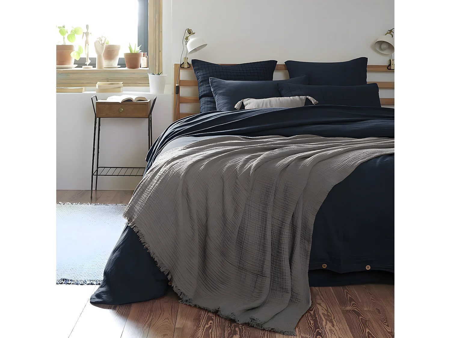 OUREA - Plaid à Franges 180x220cm 4 Epaisseurs Gaze de Coton Granit