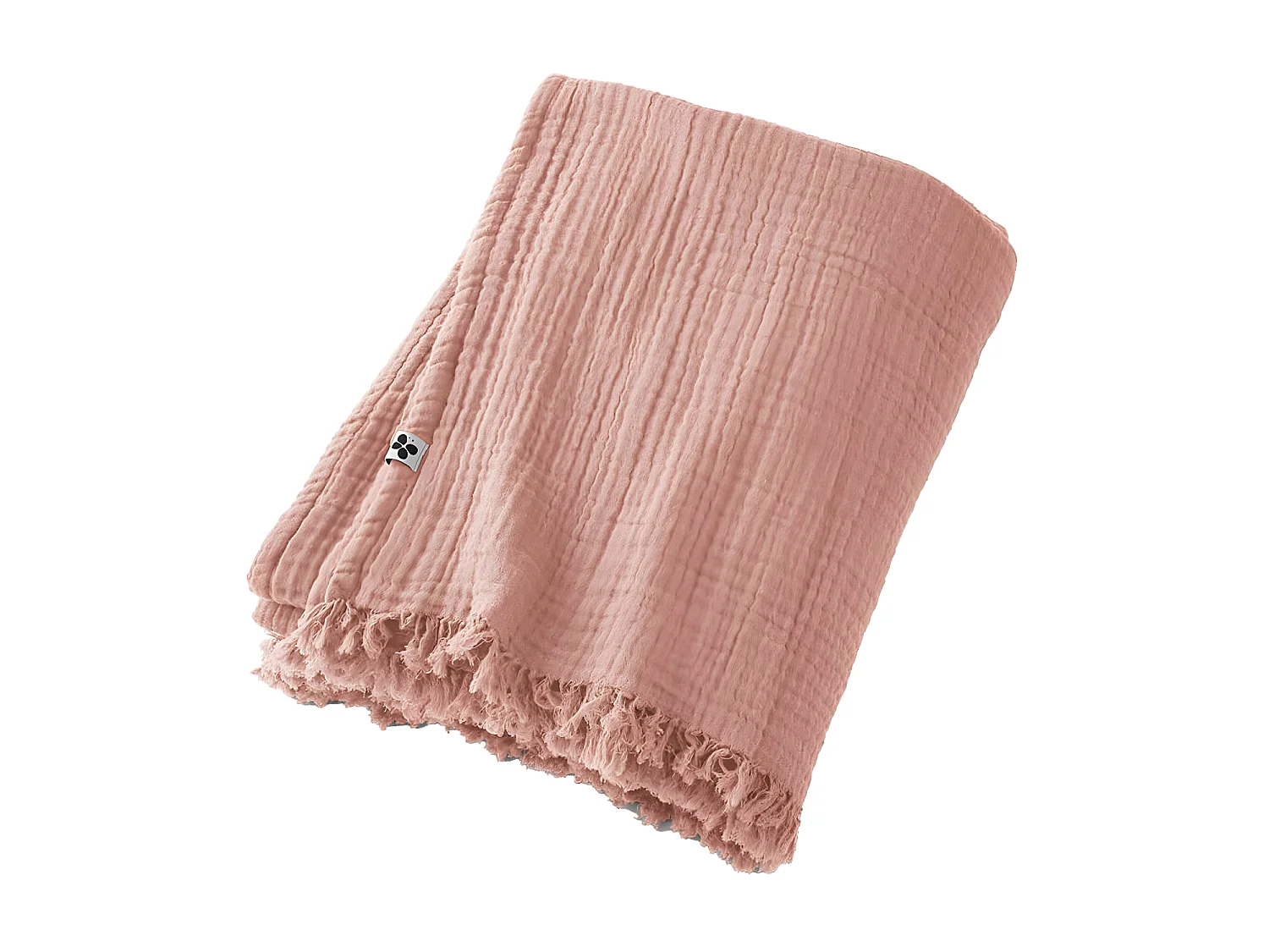 OUREA - Plaid à Franges 180x220cm 4 Epaisseurs Gaze de Coton Rose Pêche