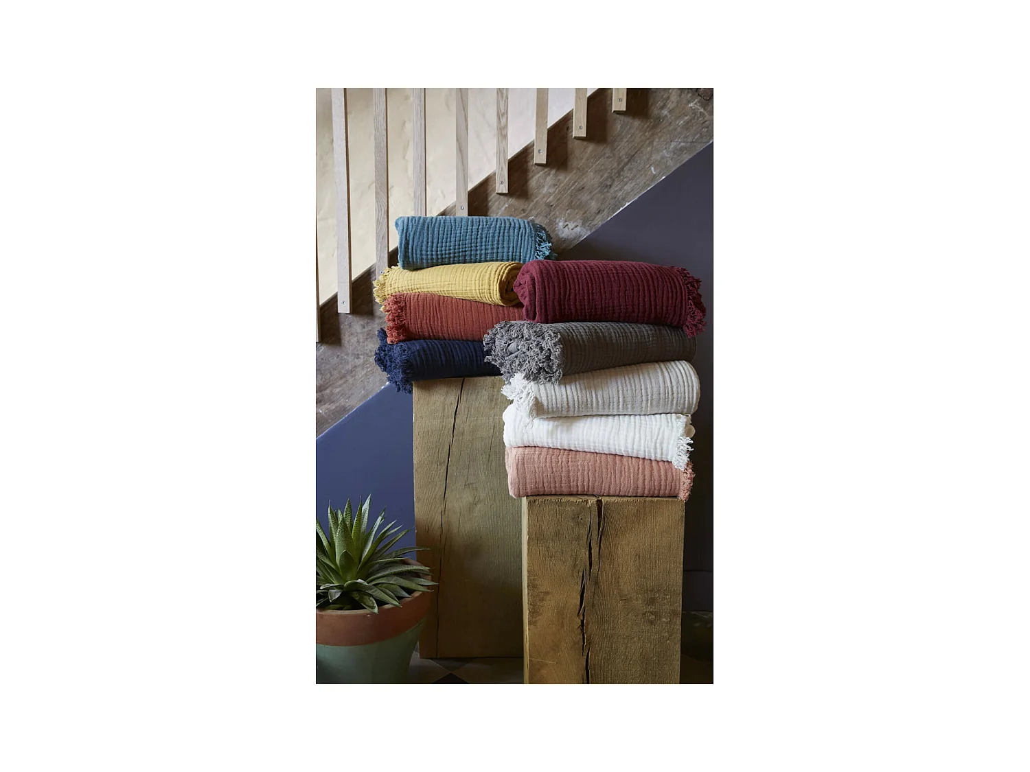 OUREA - Plaid à Franges 180x220cm 4 Epaisseurs Gaze de Coton Rose Pêche