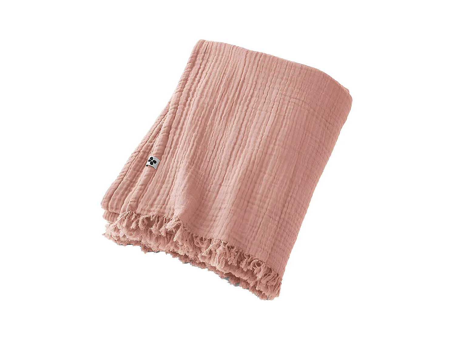 OUREA - Plaid à Franges 180x220cm 4 Epaisseurs Gaze de Coton Rose Pêche