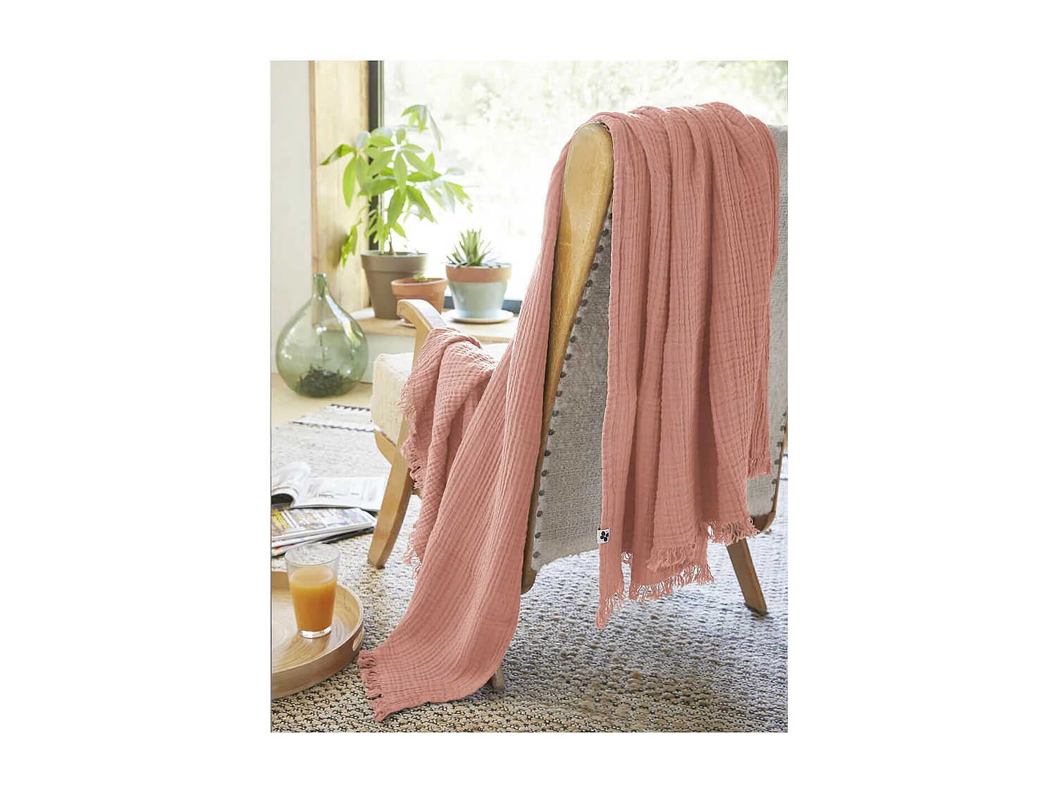 OUREA - Plaid à Franges 180x220cm 4 Epaisseurs Gaze de Coton Rose Pêche