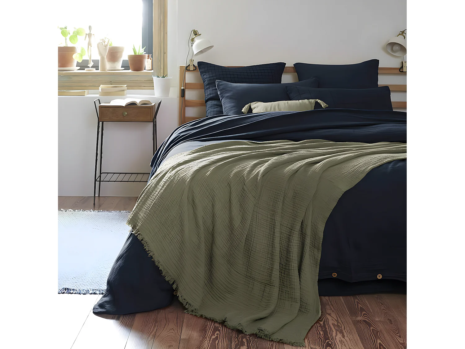 OUREA - Plaid à Franges 130x160cm 4 Epaisseurs Gaze de Coton Romarin