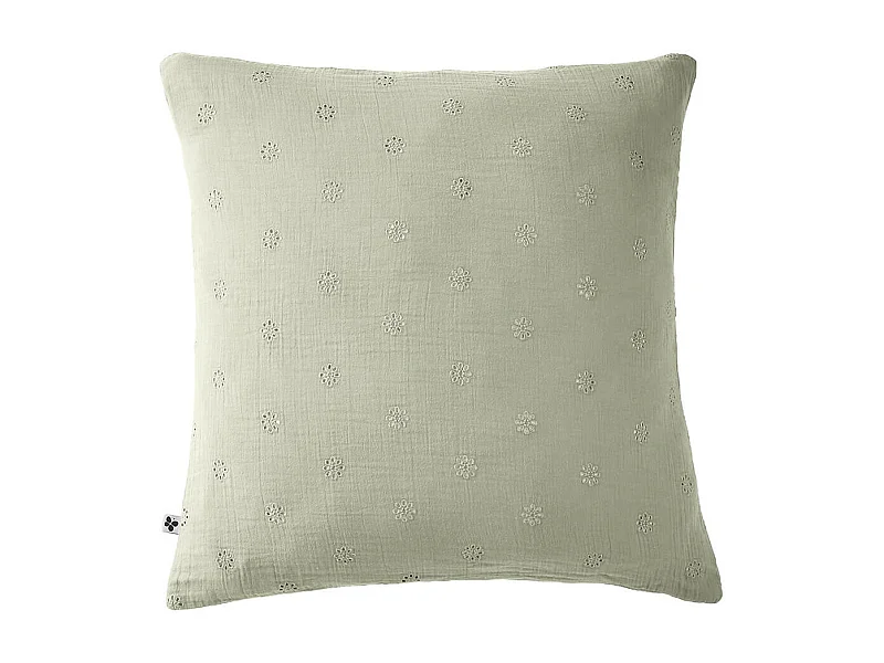 OUREA MOTIF - Taie d'Oreiller 60x60cm Gaze de Coton Vert d'Eau à Fleurs Ajourées