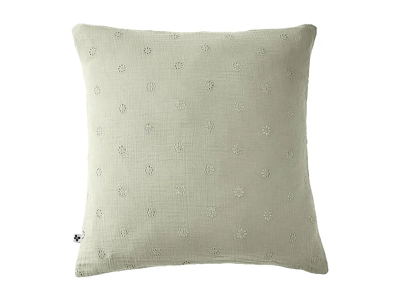 OUREA MOTIF - Taie d'Oreiller 60x60cm Gaze de Coton Vert d'Eau à Fleurs Ajourées