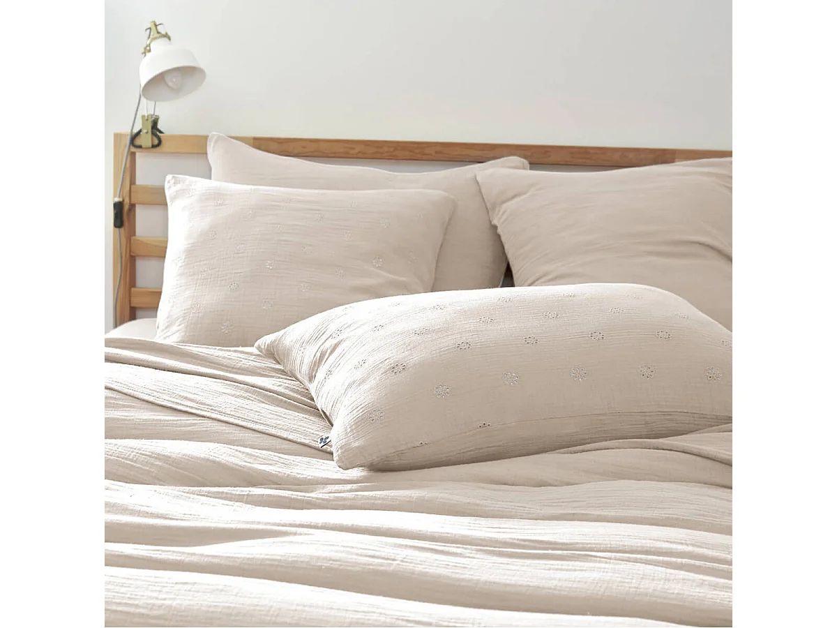 OUREA MOTIF - Taie d'Oreiller 60x60cm Gaze de Coton Pampa à Fleurs Ajourées