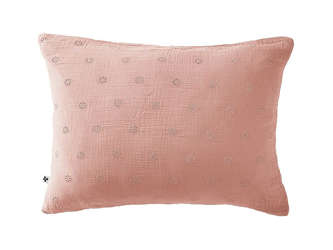 OUREA MOTIF - Taie d'Oreiller 50x70cm Gaze de Coton Rose Pêche à Fleurs Ajourées