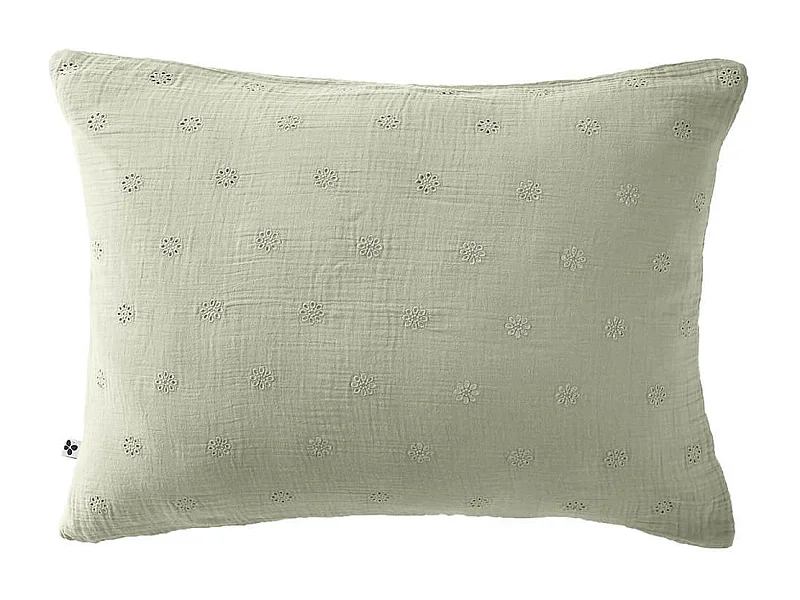 OUREA MOTIF - Taie d'Oreiller 50x70cm Gaze de Coton Vert d'Eau à Fleurs Ajourées