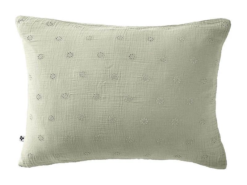 OUREA MOTIF - Taie d'Oreiller 50x70cm Gaze de Coton Vert d'Eau à Fleurs Ajourées