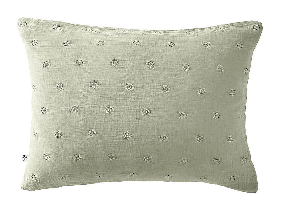 OUREA MOTIF - Taie d'Oreiller 50x70cm Gaze de Coton Vert d'Eau à Fleurs Ajourées