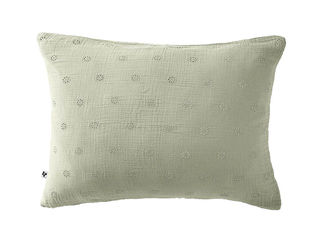 OUREA MOTIF - Taie d'Oreiller 50x70cm Gaze de Coton Vert d'Eau à Fleurs Ajourées