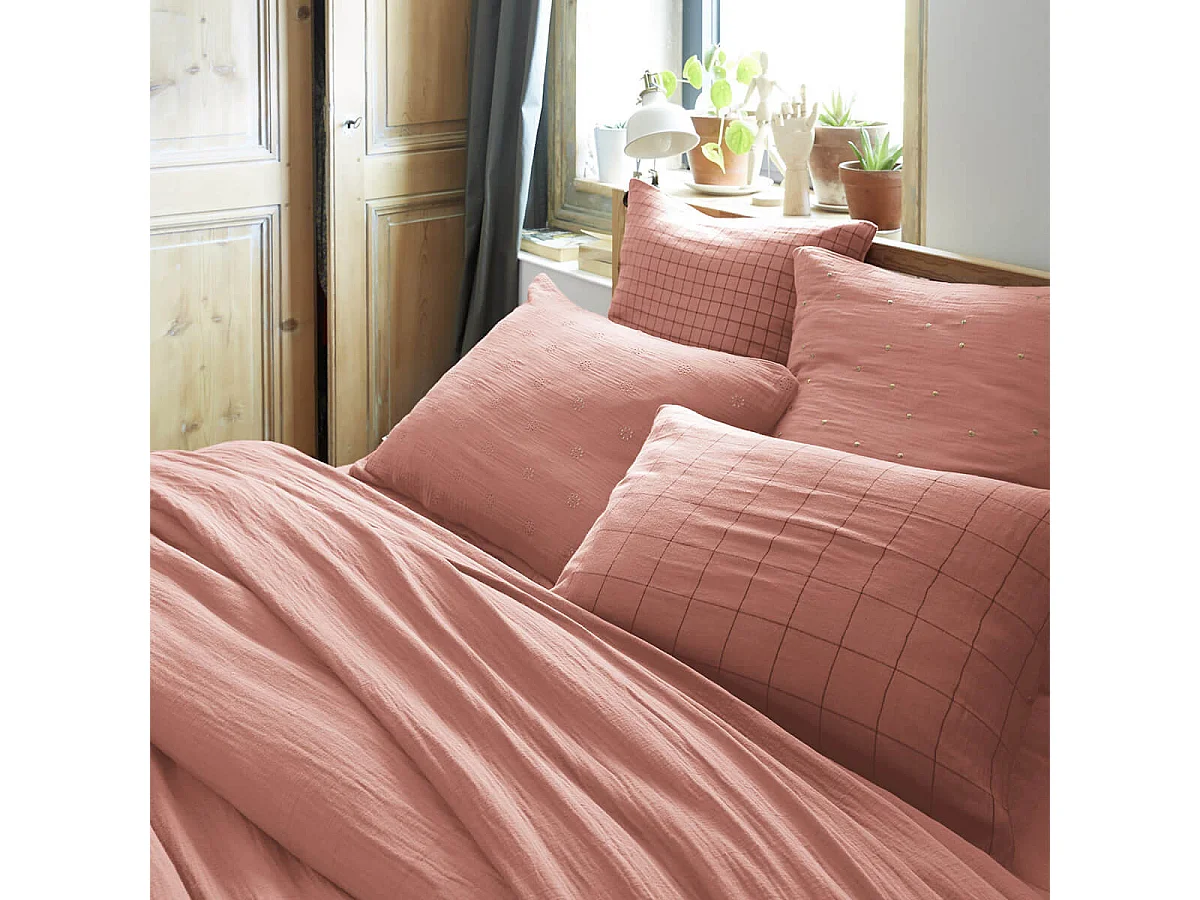 OUREA MOTIF - Taie d'Oreiller 60x60cm Gaze de Coton Rose Pêche à Petits Carreaux