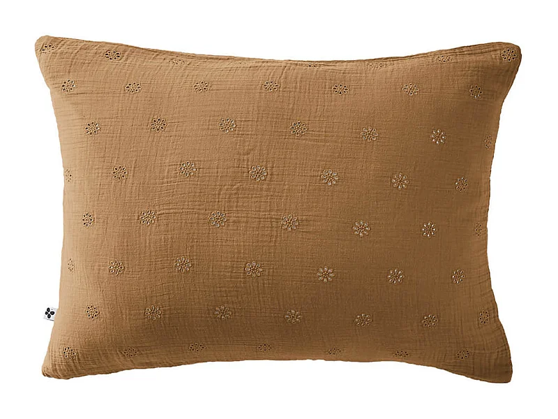 OUREA MOTIF - Taie d'Oreiller 50x70cm Gaze de Coton Camel à Fleurs Ajourées