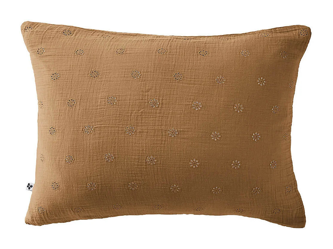 OUREA MOTIF - Taie d'Oreiller 50x70cm Gaze de Coton Camel à Fleurs Ajourées