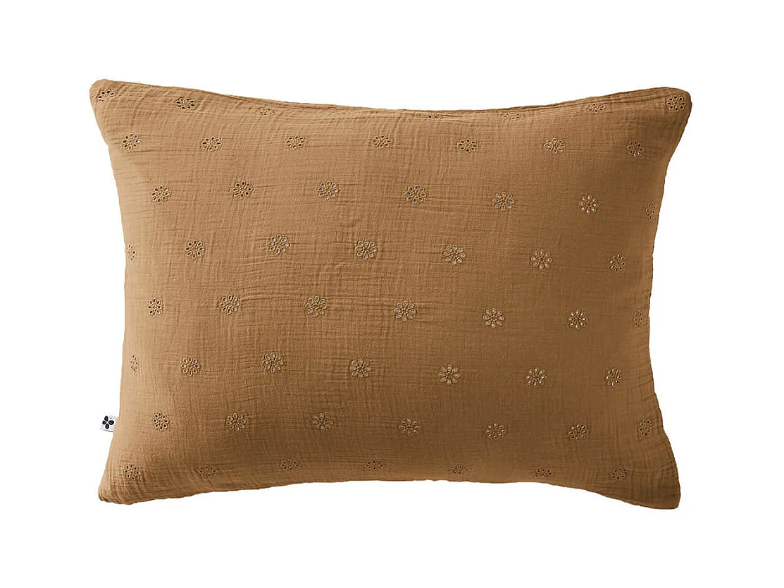 OUREA MOTIF - Taie d'Oreiller 50x70cm Gaze de Coton Camel à Fleurs Ajourées