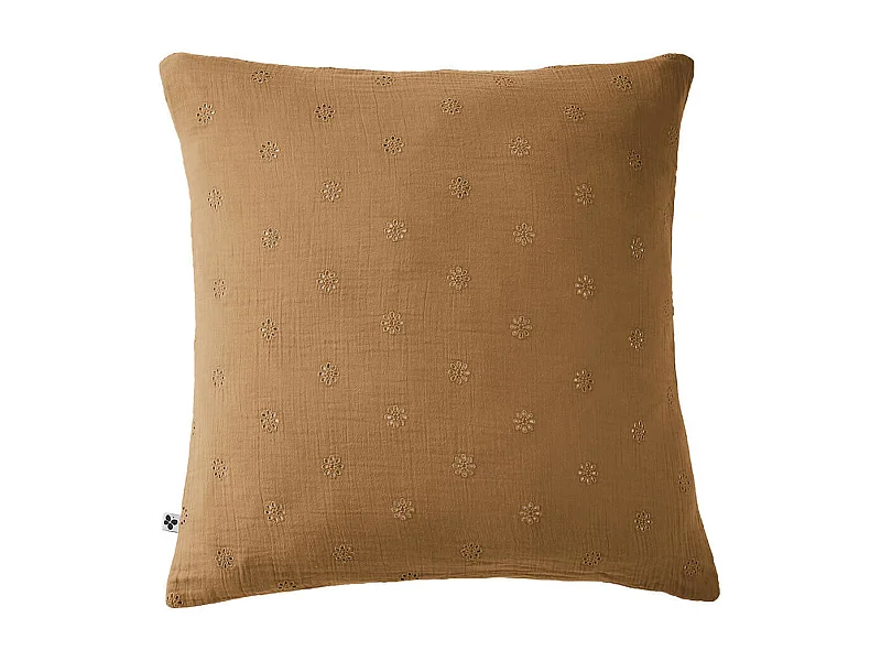 OUREA MOTIF - Taie d'Oreiller 60x60cm Gaze de Coton Camel à Fleurs Ajourées