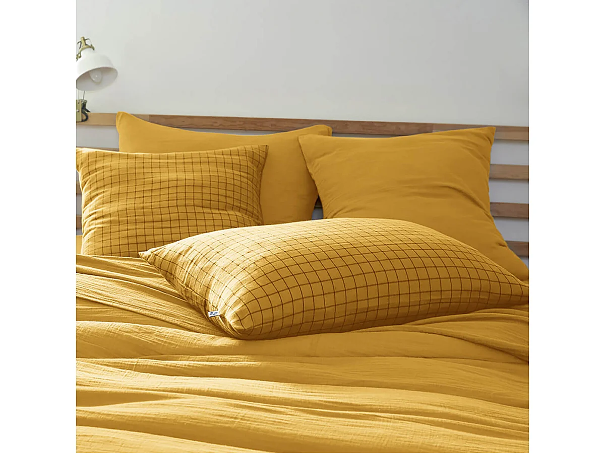 OUREA MOTIF - Taie d'Oreiller 60x60cm Gaze de Coton Safran à Petits Carreaux