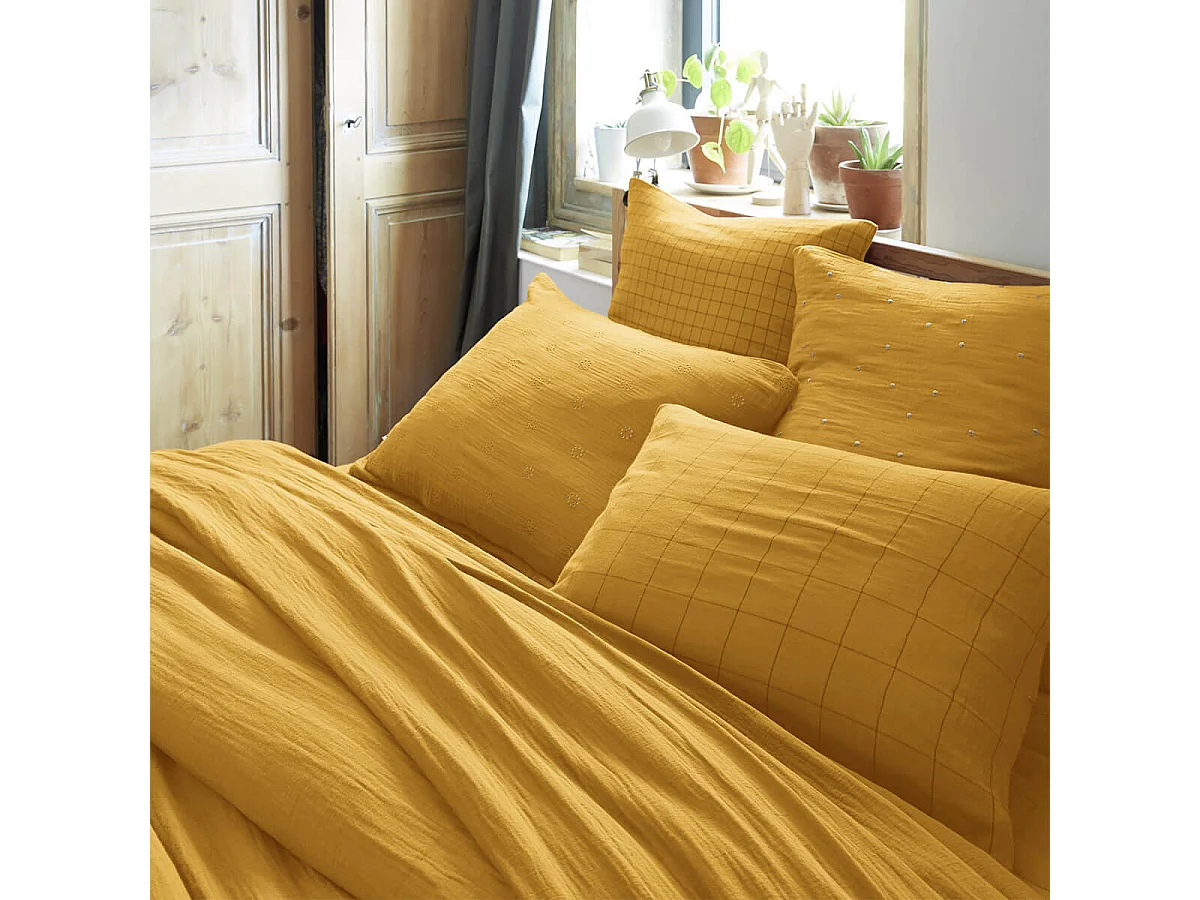 OUREA MOTIF - Taie d'Oreiller 60x60cm Gaze de Coton Safran à Petits Carreaux