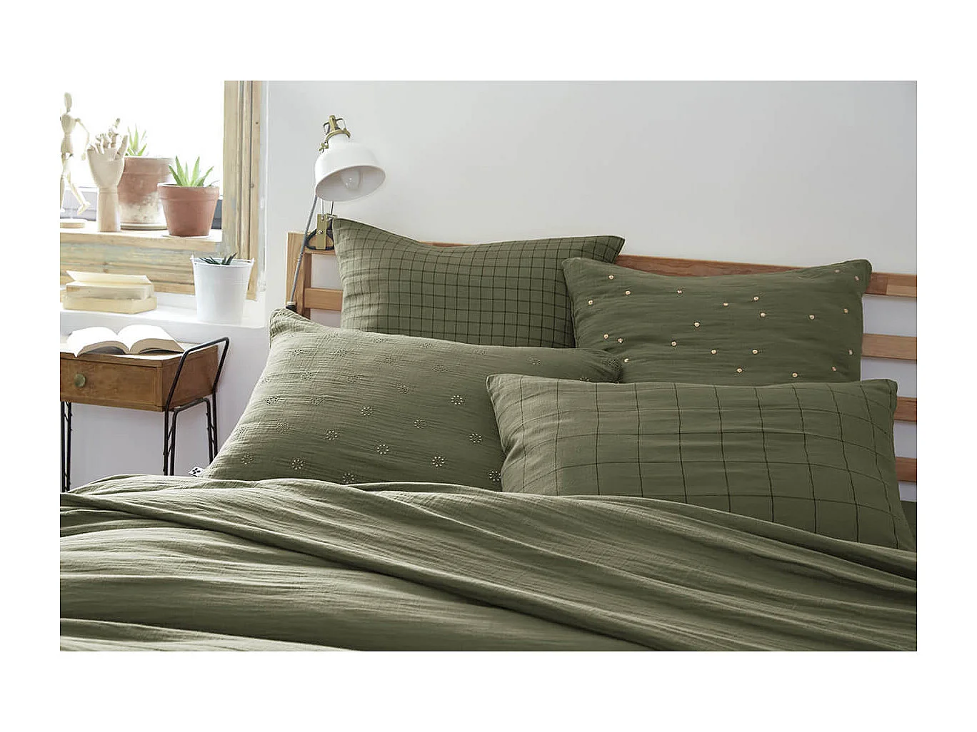 OUREA MOTIF - Taie d'Oreiller 60x60cm Gaze de Coton Romarin à Petits Carreaux