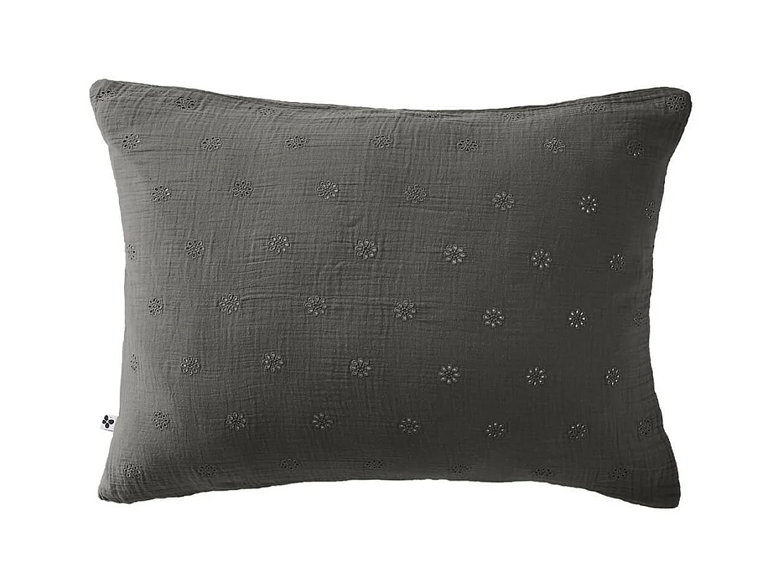 OUREA MOTIF - Taie d'Oreiller 50x70cm Gaze de Coton Granit à Fleurs Ajourées