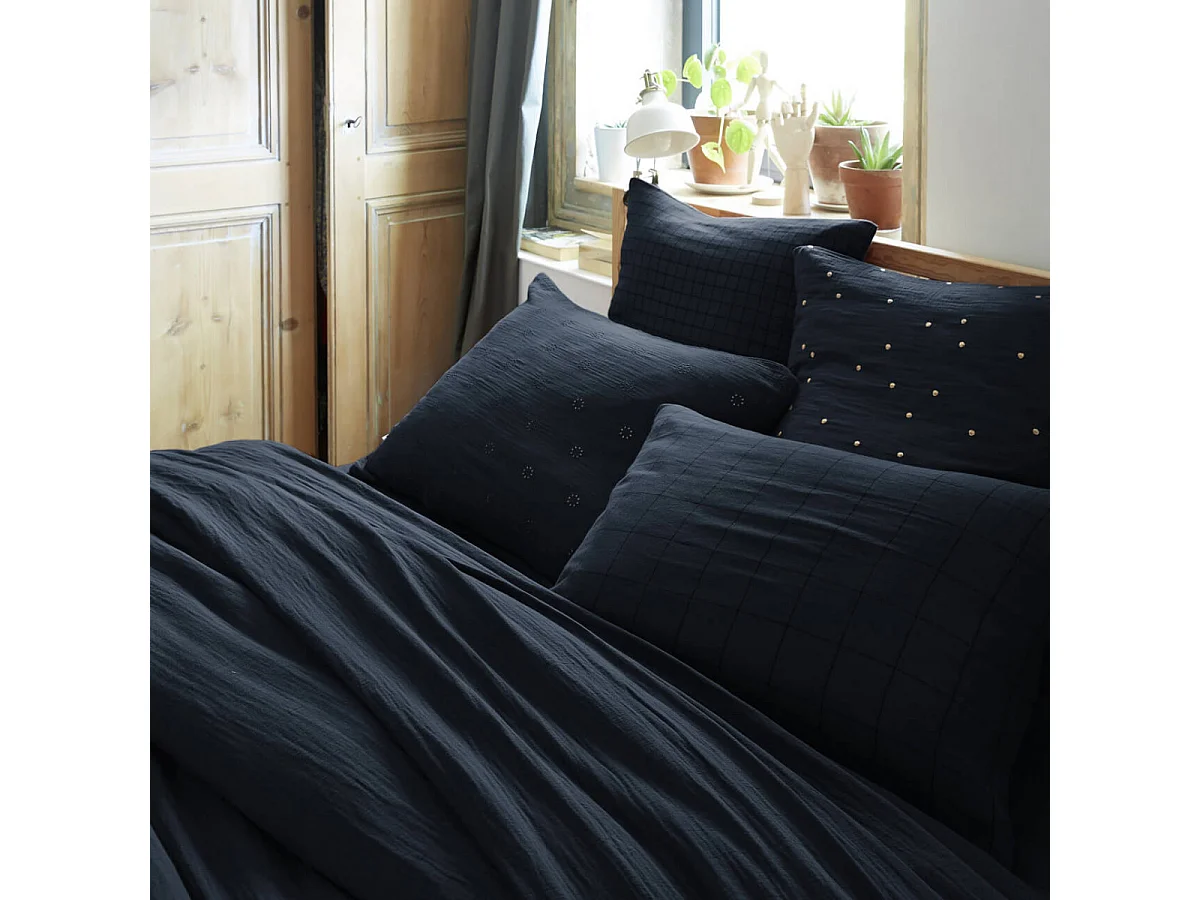 OUREA MOTIF - Taie d'Oreiller 60x60cm Gaze de Coton Minuit à Petits Carreaux