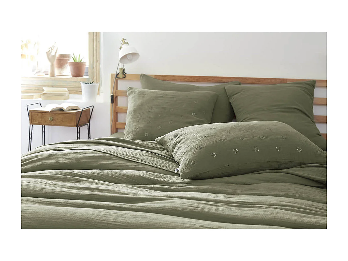 OUREA MOTIF - Taie d'Oreiller 50x70cm Gaze de Coton Romarin à Fleurs Ajourées